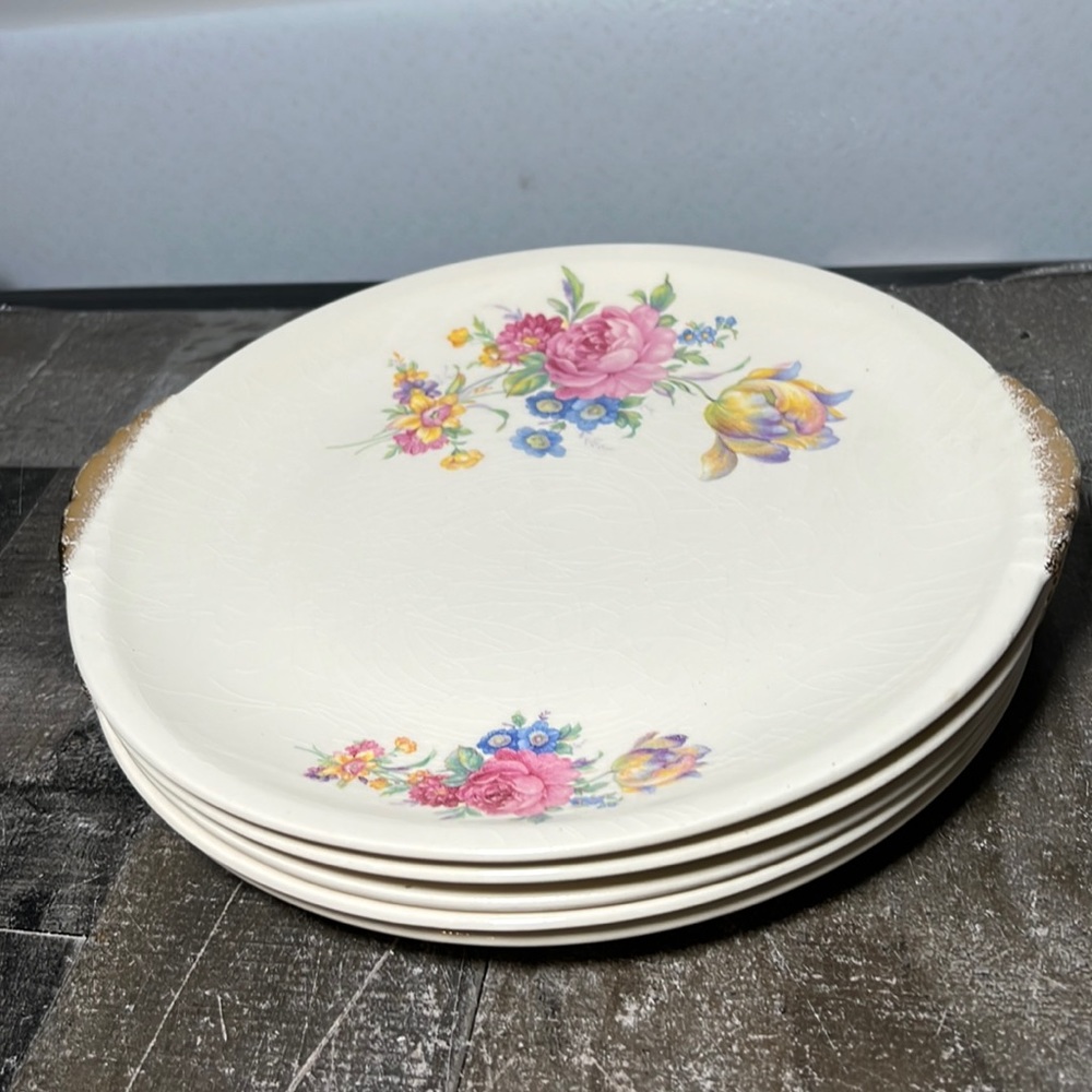 Paden City Pottery Dinner Plates Set 5  Pink Peony Vintage Gold Tab Handle